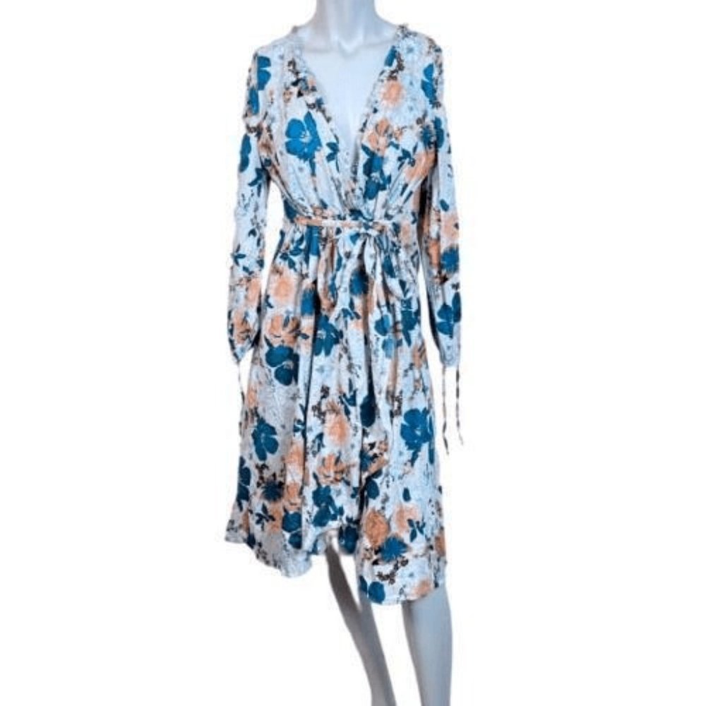 Kimi + Kai Maternity Long Sleeve Floral Babydoll Dress Blue Size Large Deep V